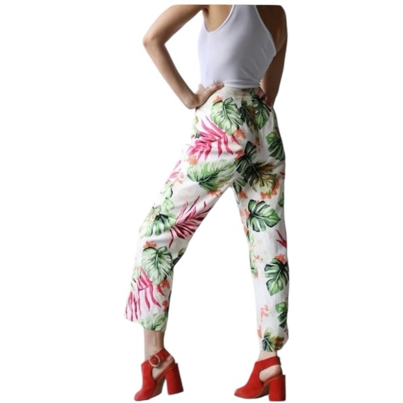Talbots Pants - TALBOTS Silk Tropical Palm Leaf Print Pants in White / Pink Size 8 -- GORGEOUS!!